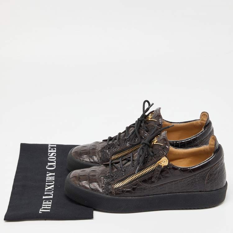 Pre Owned Giuseppe Zanotti Brown Croc Embossed Leather Low Top Sneakers Size 43.5