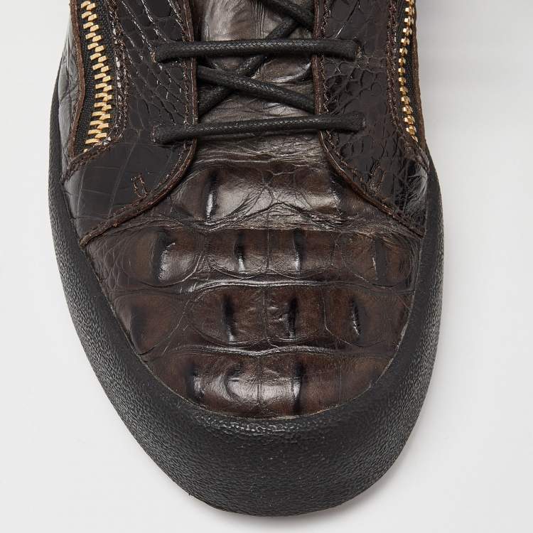 Pre Owned Giuseppe Zanotti Brown Croc Embossed Leather Low Top Sneakers Size 43.5