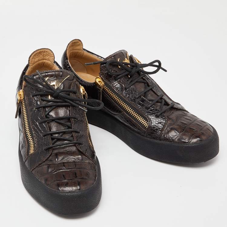 Pre Owned Giuseppe Zanotti Brown Croc Embossed Leather Low Top Sneakers Size 43.5