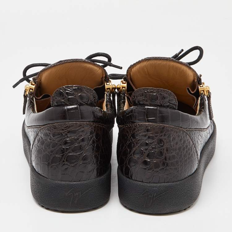 Pre Owned Giuseppe Zanotti Brown Croc Embossed Leather Low Top Sneakers Size 43.5