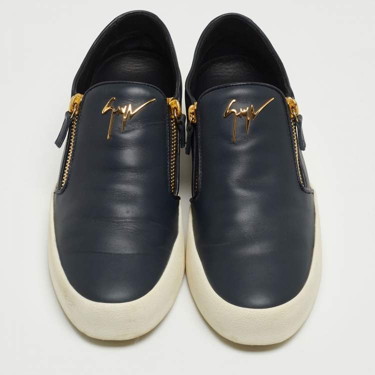 Pre Owned Giuseppe Zanotti Blue Leather Eve Double Zip Low Top Sneakers Size 43
