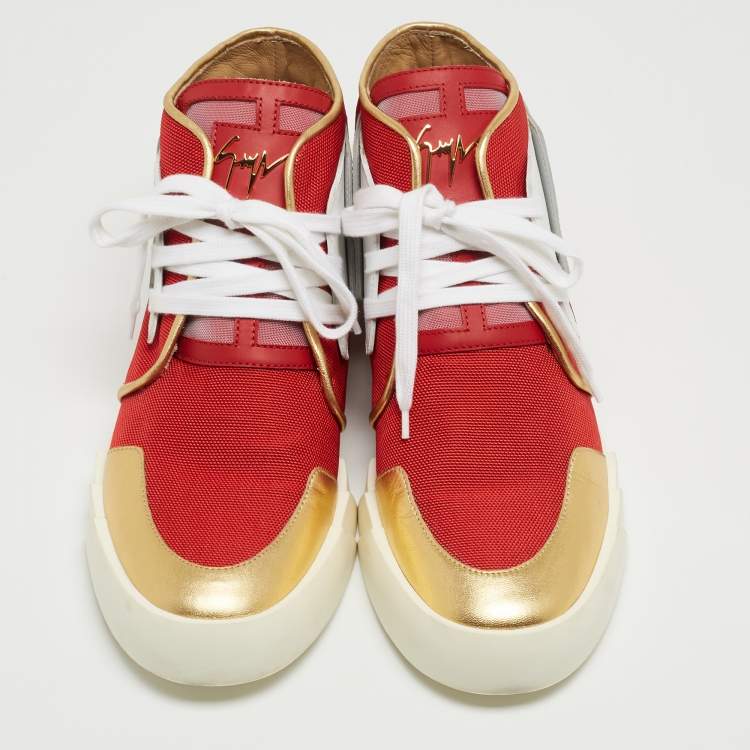 Pre Owned Giuseppe Zanotti Red/Gold Canvas and Leather Foxy London High Top Sneakers Size 45