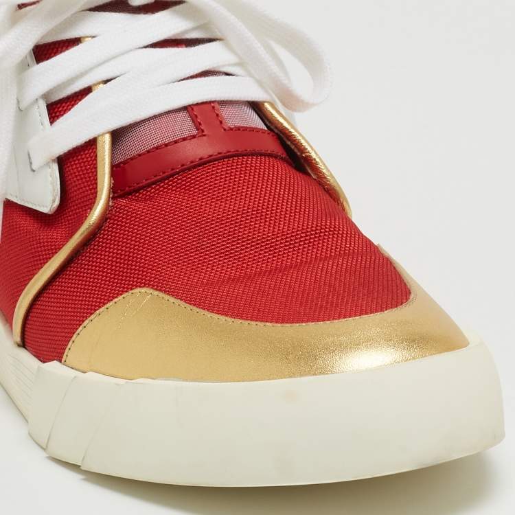 Pre Owned Giuseppe Zanotti Red/Gold Canvas and Leather Foxy London High Top Sneakers Size 45
