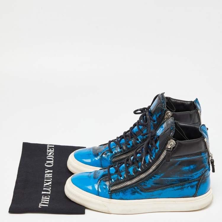 Pre Owned Giuseppe Zanotti Blue/Black Patent Leather Coby High Top Sneakers Size 44