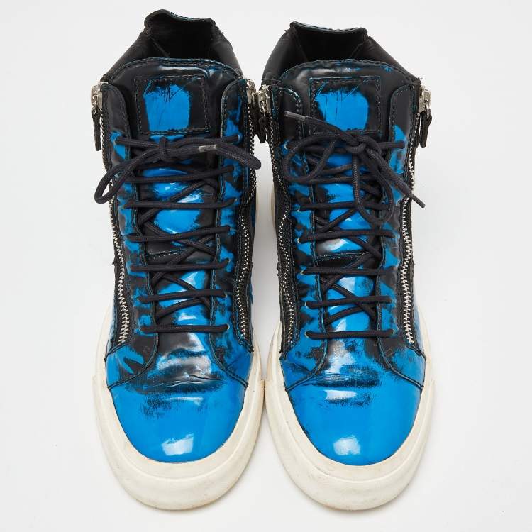 Pre Owned Giuseppe Zanotti Blue/Black Patent Leather Coby High Top Sneakers Size 44