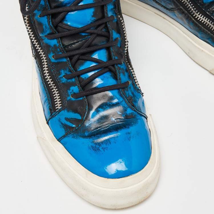 Pre Owned Giuseppe Zanotti Blue/Black Patent Leather Coby High Top Sneakers Size 44