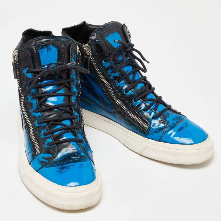 Pre Owned Giuseppe Zanotti Blue/Black Patent Leather Coby High Top Sneakers Size 44