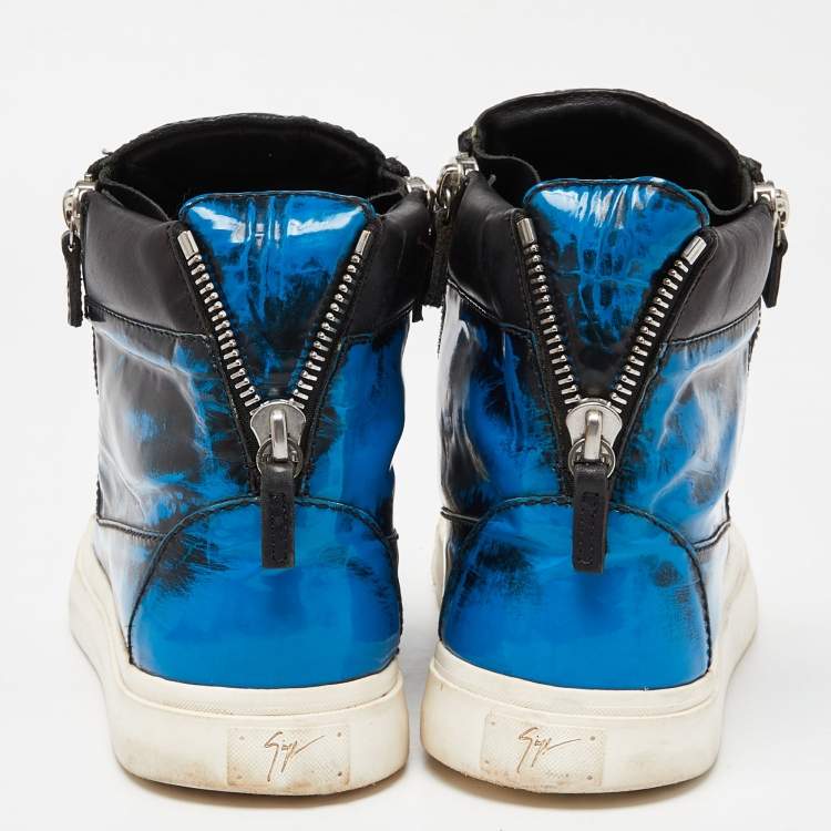 Pre Owned Giuseppe Zanotti Blue/Black Patent Leather Coby High Top Sneakers Size 44
