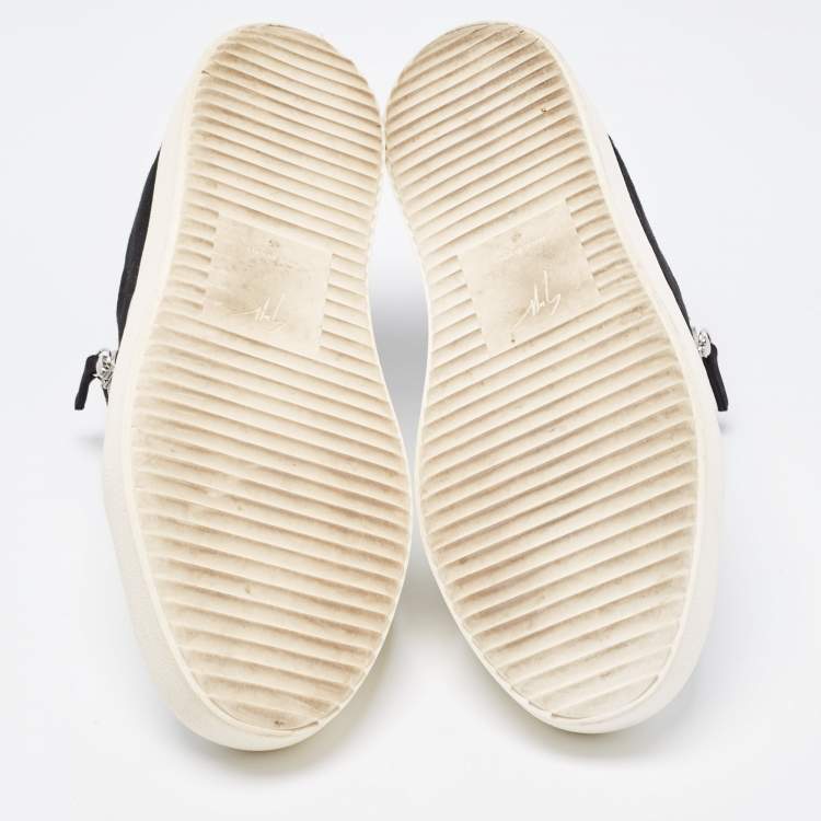 Pre Owned Giuseppe Zanotti White/Black Nubuck and Leather Double Zip Low Top Sneakers Size 45