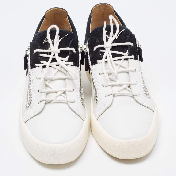 Pre Owned Giuseppe Zanotti White/Black Nubuck and Leather Double Zip Low Top Sneakers Size 45