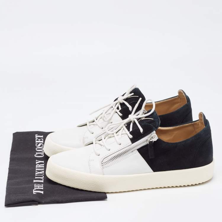 Pre Owned Giuseppe Zanotti White/Black Nubuck and Leather Double Zip Low Top Sneakers Size 45