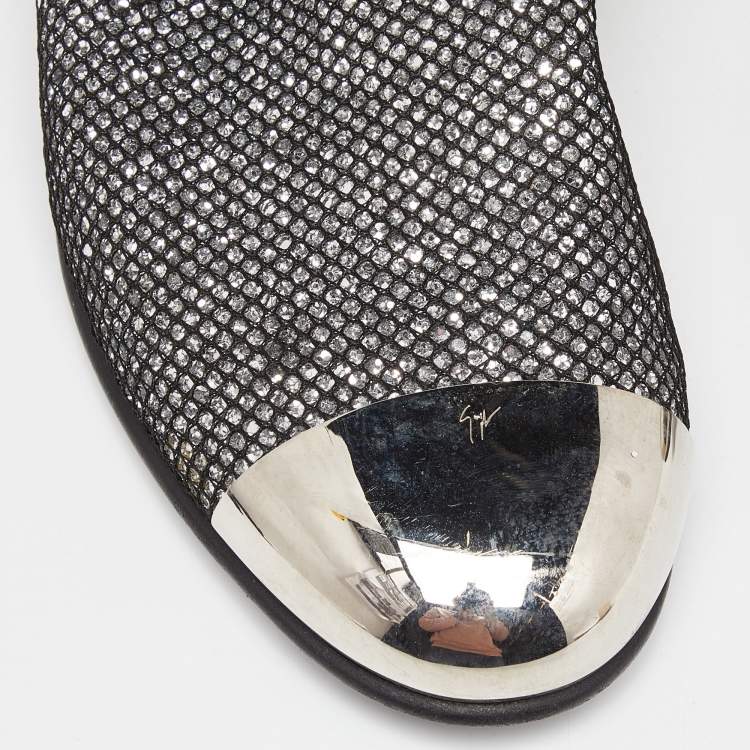 Pre Owned Giuseppe Zanotti Silver Mesh and Glitter Slip on Loafers Size 40.5