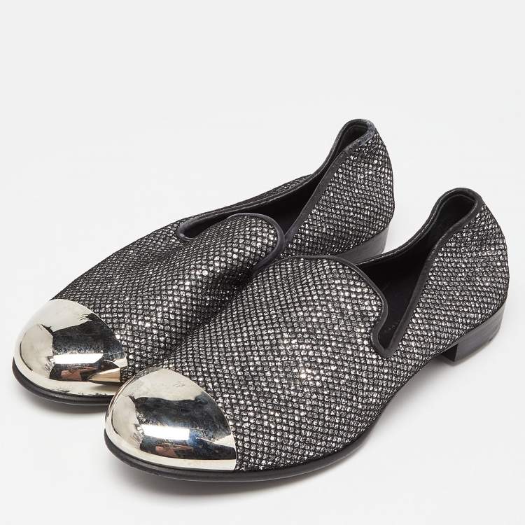 Pre Owned Giuseppe Zanotti Silver Mesh and Glitter Slip on Loafers Size 40.5