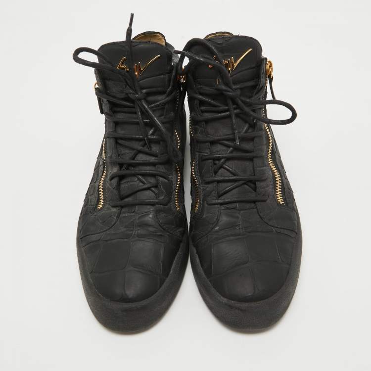 Pre Owned Giuseppe Zanotti Black Croc Embossed Leather Kriss High Top Sneakers Size 45