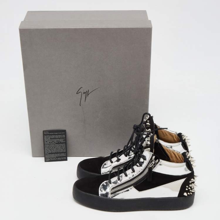 Pre Owned Giuseppe Zanotti Black/Silver Suede and Patent Leather Studded Jimbo Mid Top Sneakers Size 40