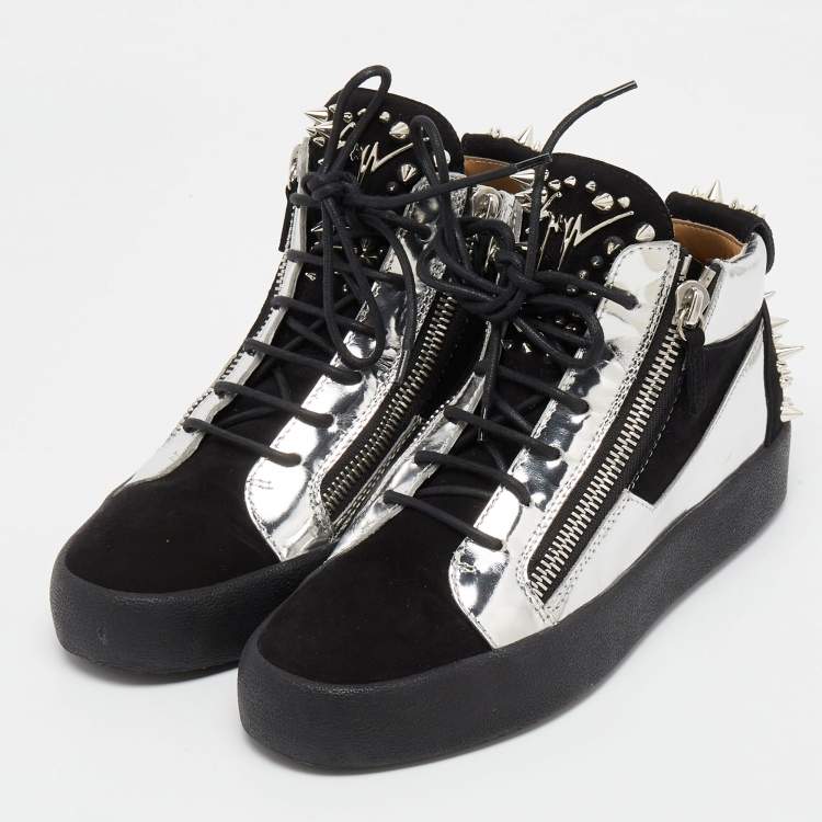 Pre Owned Giuseppe Zanotti Black/Silver Suede and Patent Leather Studded Jimbo Mid Top Sneakers Size 40