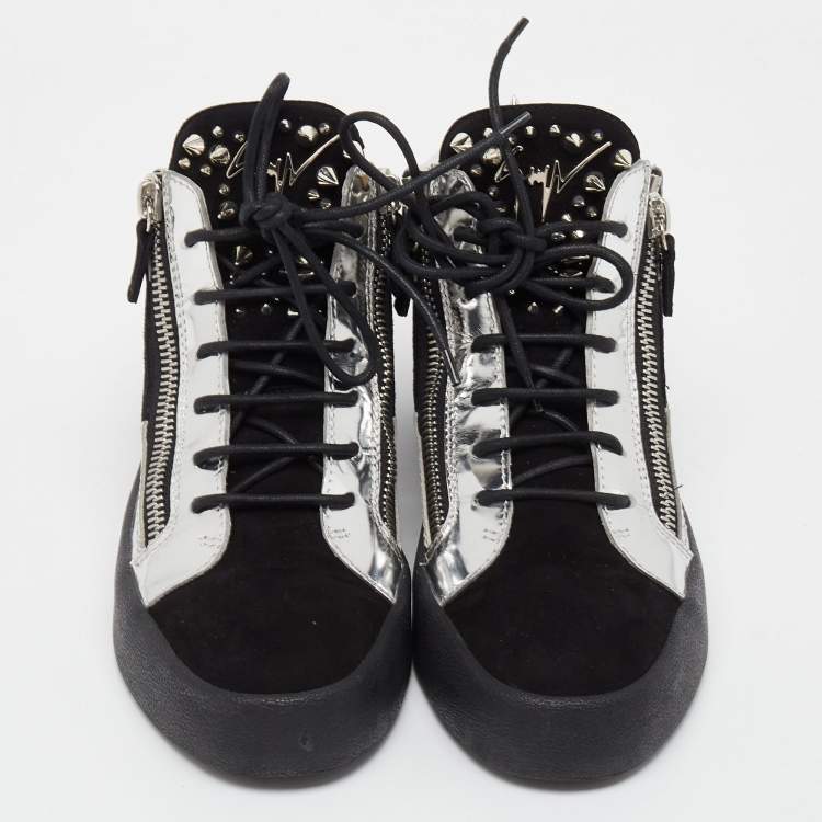 Pre Owned Giuseppe Zanotti Black/Silver Suede and Patent Leather Studded Jimbo Mid Top Sneakers Size 40
