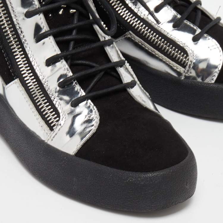 Pre Owned Giuseppe Zanotti Black/Silver Suede and Patent Leather Studded Jimbo Mid Top Sneakers Size 40