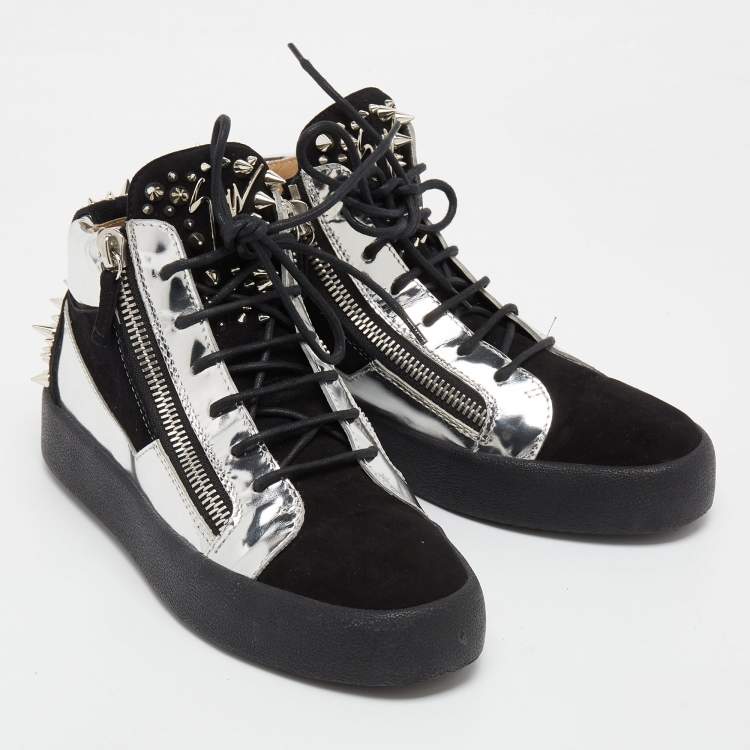 Pre Owned Giuseppe Zanotti Black/Silver Suede and Patent Leather Studded Jimbo Mid Top Sneakers Size 40