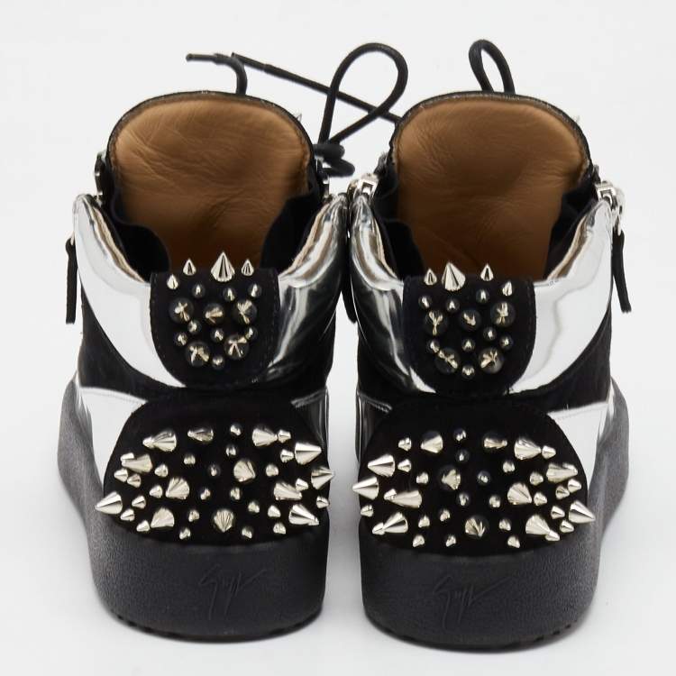 Pre Owned Giuseppe Zanotti Black/Silver Suede and Patent Leather Studded Jimbo Mid Top Sneakers Size 40