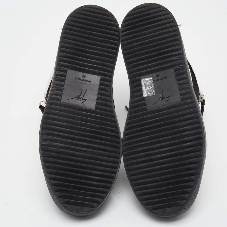 Pre Owned Giuseppe Zanotti Black/Silver Suede and Patent Leather Studded Jimbo Mid Top Sneakers Size 40