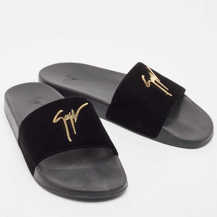 Pre Owned Giuseppe Zanotti Black Velvet Pool Flat Slides Size 43