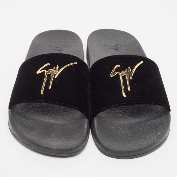 Pre Owned Giuseppe Zanotti Black Velvet Pool Flat Slides Size 43