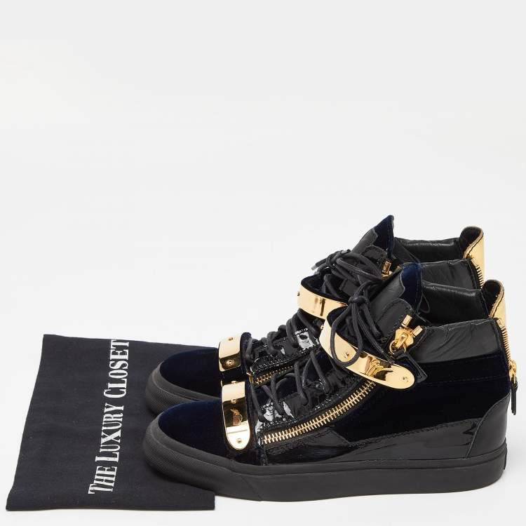 Pre Owned Giuseppe Zanotti Navy Blue/Black Velvet and Leather Coby High Top Sneakers Size 39.5