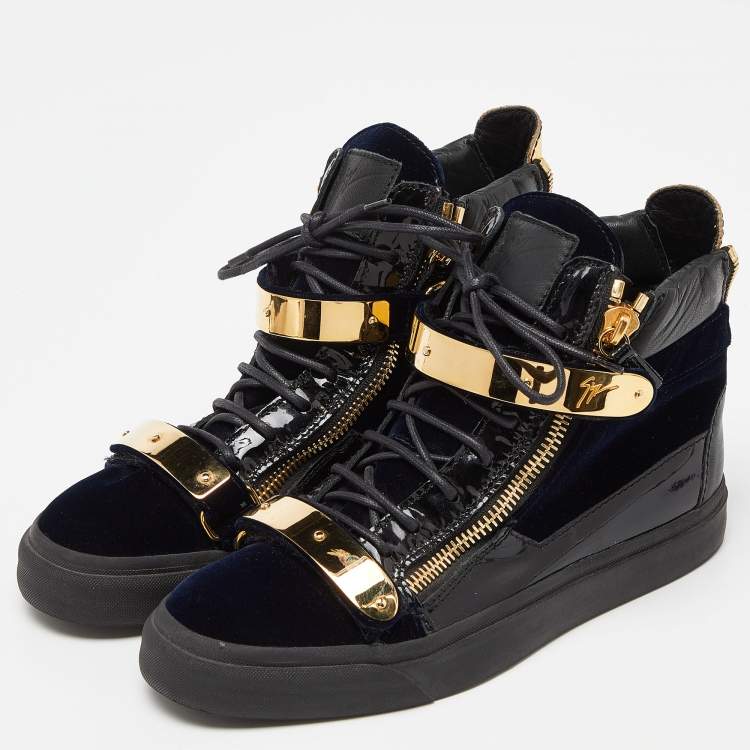 Pre Owned Giuseppe Zanotti Navy Blue/Black Velvet and Leather Coby High Top Sneakers Size 39.5