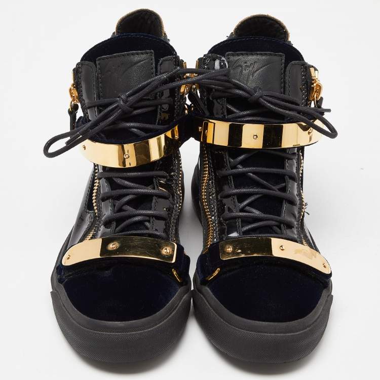 Pre Owned Giuseppe Zanotti Navy Blue/Black Velvet and Leather Coby High Top Sneakers Size 39.5