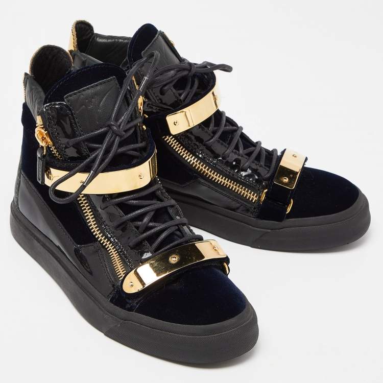 Pre Owned Giuseppe Zanotti Navy Blue/Black Velvet and Leather Coby High Top Sneakers Size 39.5
