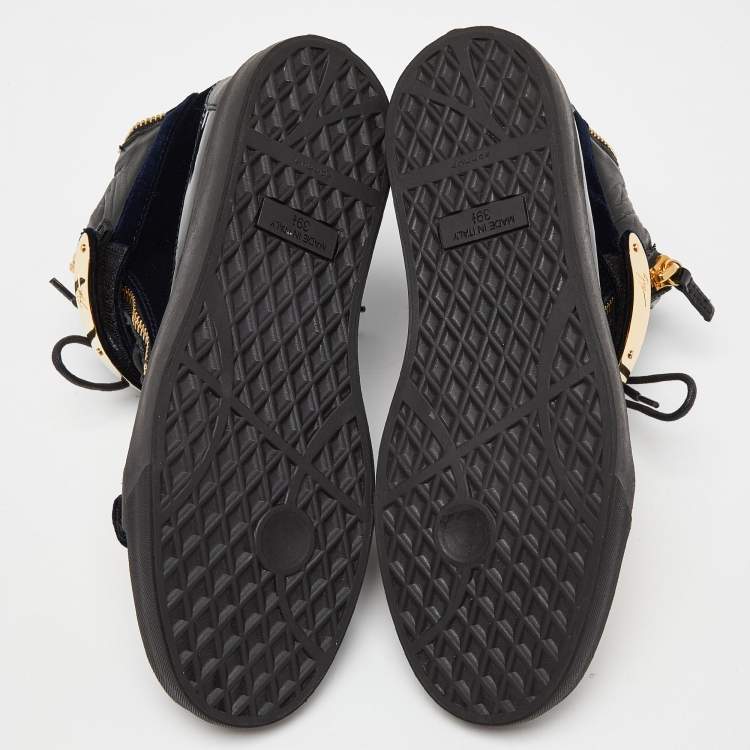 Pre Owned Giuseppe Zanotti Navy Blue/Black Velvet and Leather Coby High Top Sneakers Size 39.5