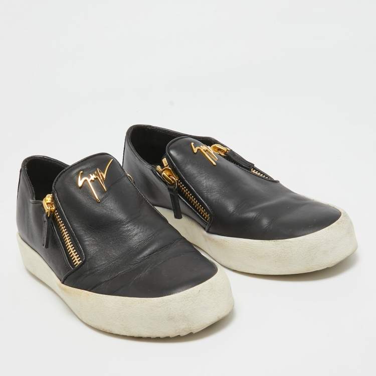 Pre Owned Giuseppe Zanotti Black Leather Double Zip Low Top Sneakers Size 41