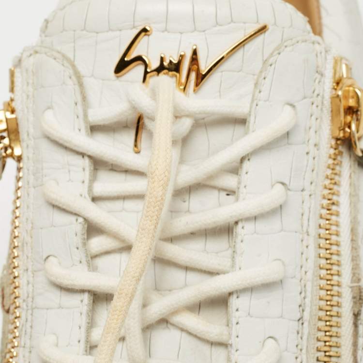 Pre Owned Giuseppe Zanotti White Croc Embossed Leather Double Zip Low Top Sneakers Size 43