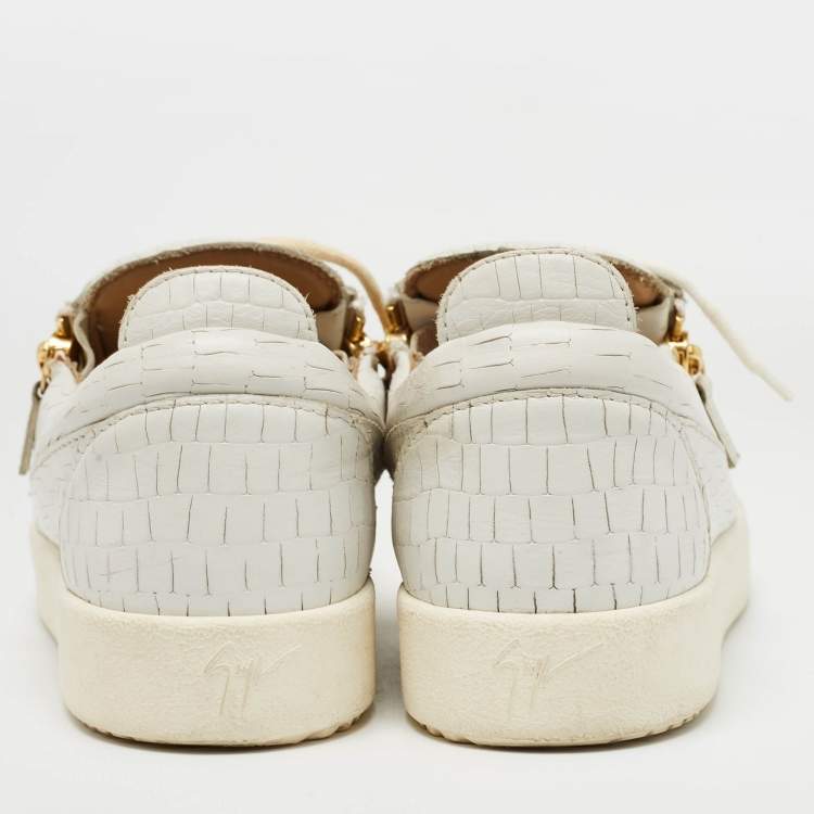 Pre Owned Giuseppe Zanotti White Croc Embossed Leather Double Zip Low Top Sneakers Size 43