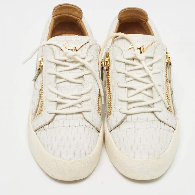 Pre Owned Giuseppe Zanotti White Croc Embossed Leather Double Zip Low Top Sneakers Size 43
