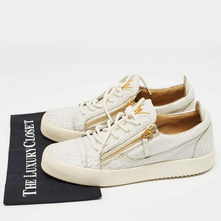 Pre Owned Giuseppe Zanotti White Croc Embossed Leather Double Zip Low Top Sneakers Size 43