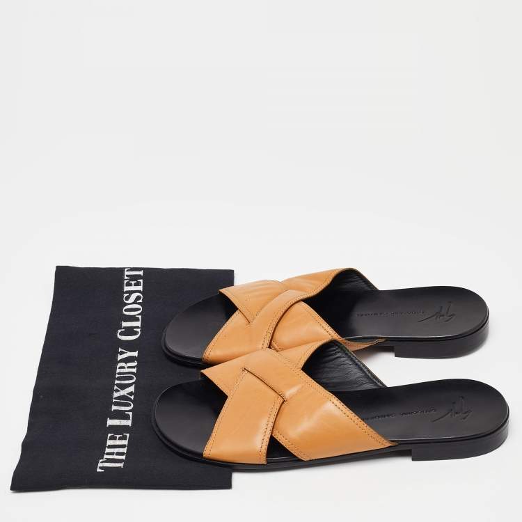 Pre Owned Guiseppe Zanotti Beige Leather Criss Cross Flat Slides Size 39