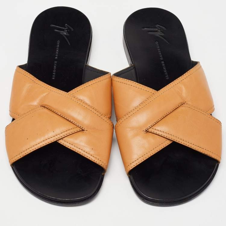 Pre Owned Guiseppe Zanotti Beige Leather Criss Cross Flat Slides Size 39