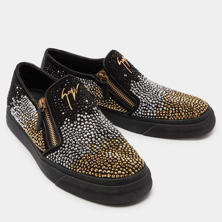 Pre Owned Giuseppe Zanotti Black Suede and Leather Crystal Embellished Eve Slip On Sneakers Size 43