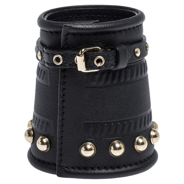 Pre Owned Givenchy Black Embossed Leather Studs Wide Buckle Cuff Bracelet