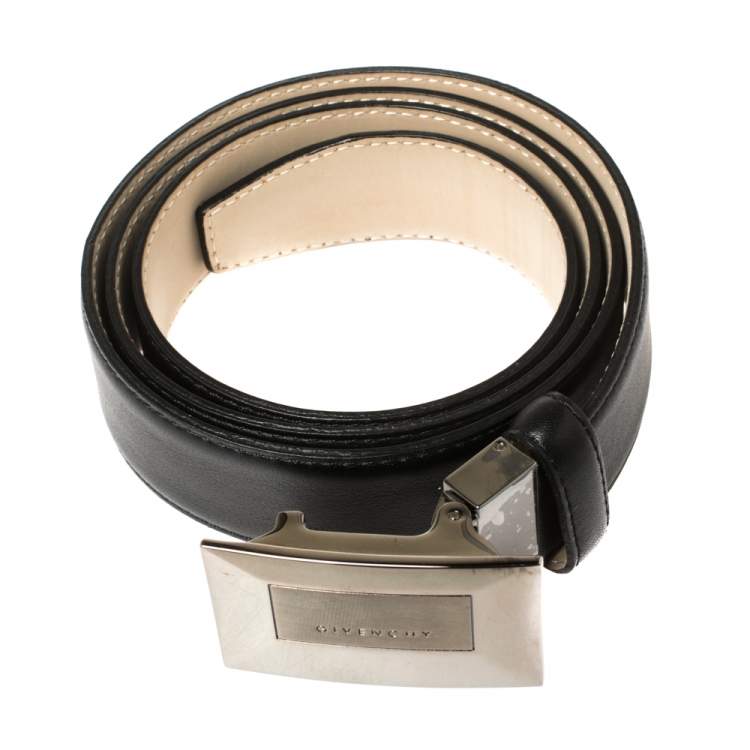 Pre Owned Givenchy Black Leather Plaque Logo Belt 85CM