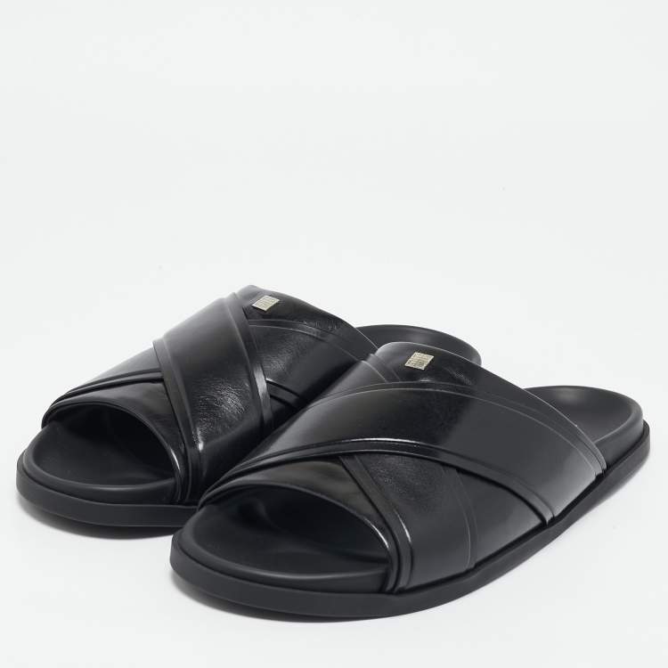 Pre Owned Givenchy Black Leather G Plage Slide Flats Size 45