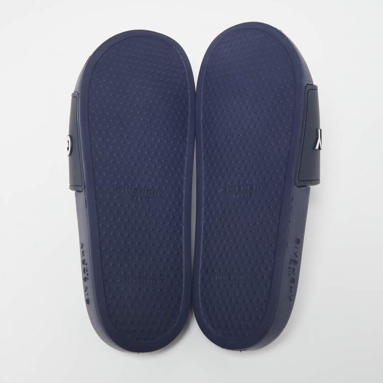Pre Owned Givenchy Navy Blue Rubber Logo Slides Size 41