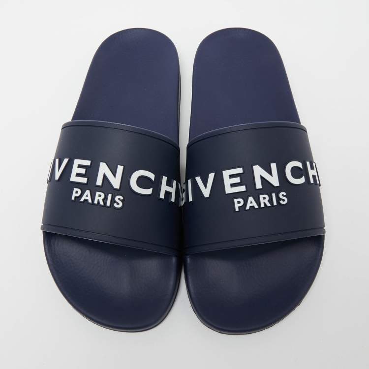 Pre Owned Givenchy Navy Blue Rubber Logo Slides Size 41