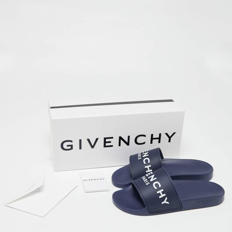 Pre Owned Givenchy Navy Blue Rubber Logo Slides Size 41