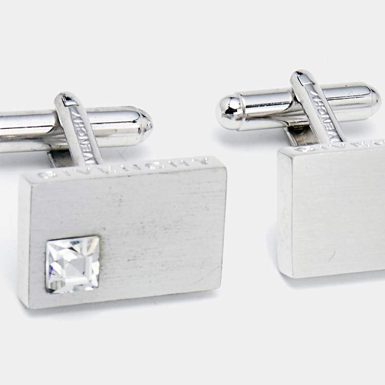 Pre Owned Givenchy Silver Tone Crystal Embedded Rectangle Cufflinks