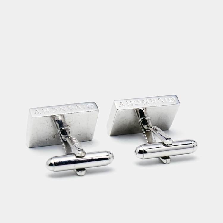 Pre Owned Givenchy Silver Tone Crystal Embedded Rectangle Cufflinks