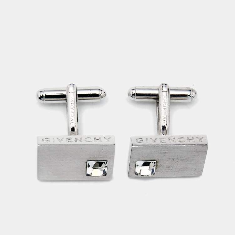 Pre Owned Givenchy Silver Tone Crystal Embedded Rectangle Cufflinks
