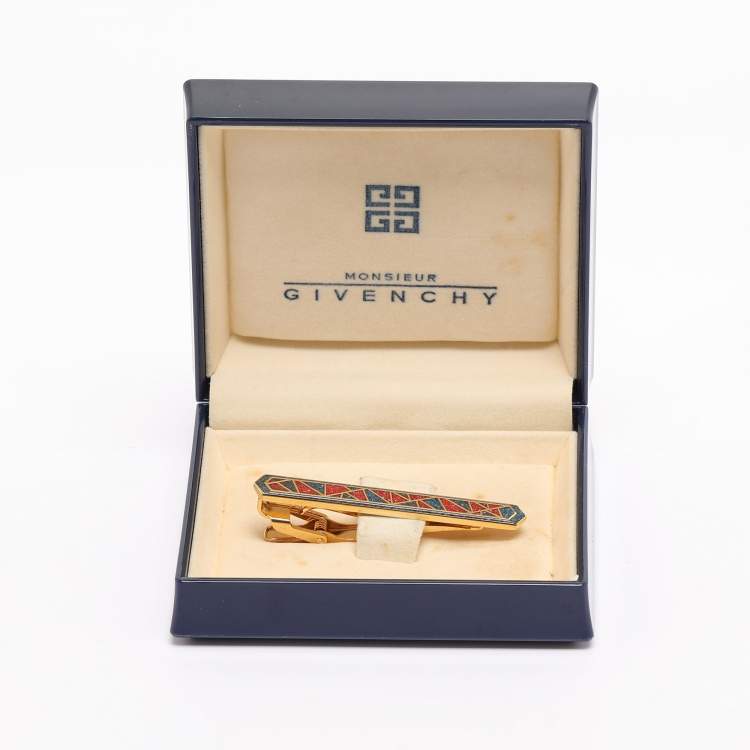 Pre Owned Givenchy Gold Tone Metal and Multicolor Resin Inlay Tie Clip 